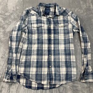 Lucky Brand Men's Western Shirt Size M Blue White Plaid Long Sleeve Snap Button